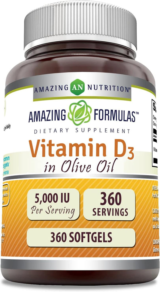 High Potency Vitamin D3 in Olive Oil Softgels - 5000 IU, 360 Count - Non-GMO, Gluten Free USA Made Supplement