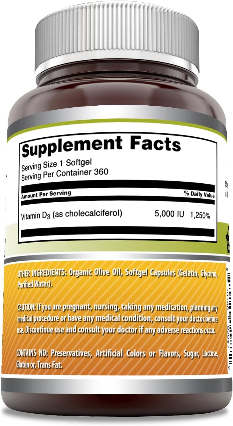 High Potency Vitamin D3 in Olive Oil Softgels - 5000 IU, 360 Count - Non-GMO, Gluten Free USA Made Supplement