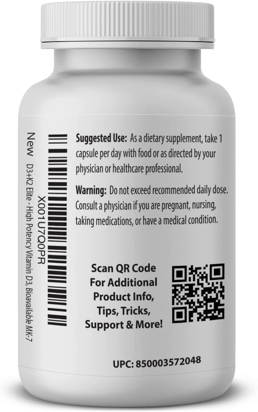High-Potency Vitamin D3 + K2 Elite Supplement - 60 Day Supply - Bioavailable MK-7 Formula by Pro Formulations MD