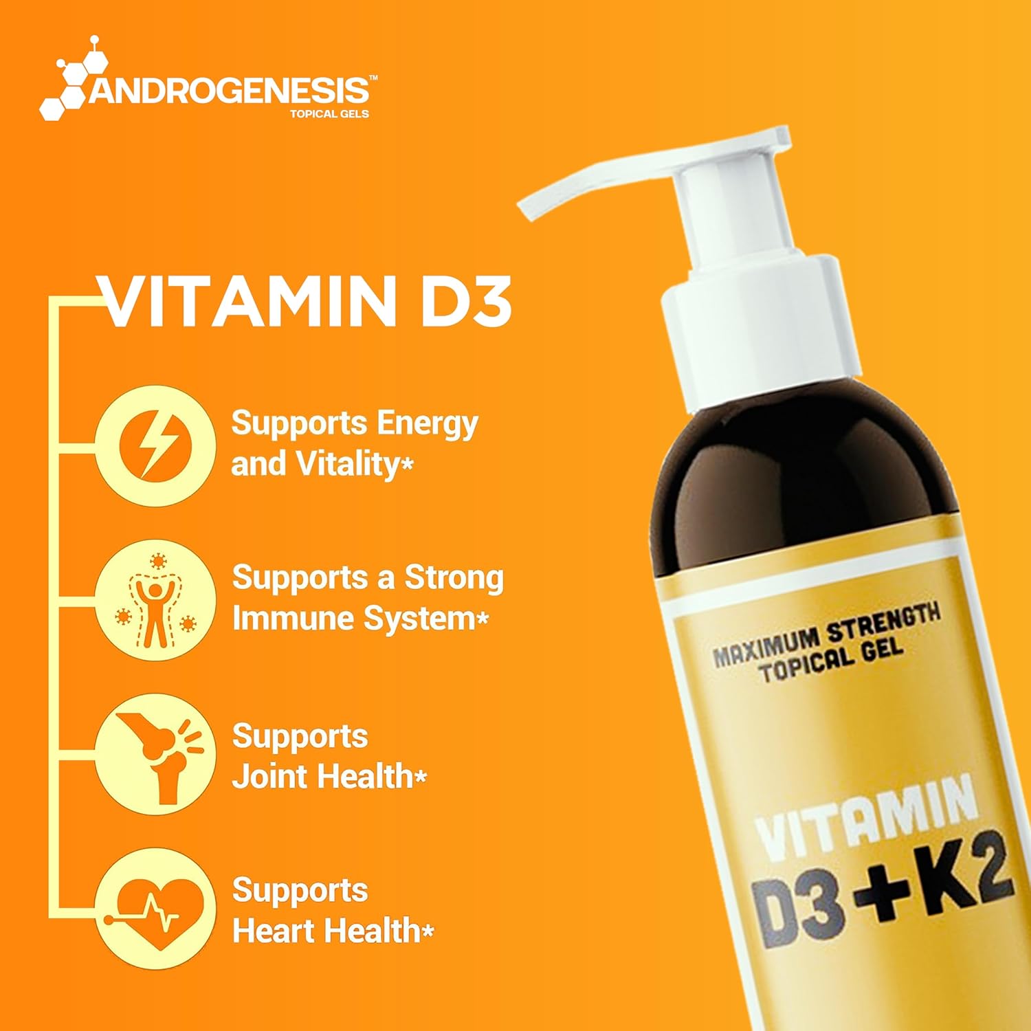 High Potency Vitamin D3 K2 Gel - 15000+ IU Per Pump - Bone & Joint Health, Immune Support - One Month Supply