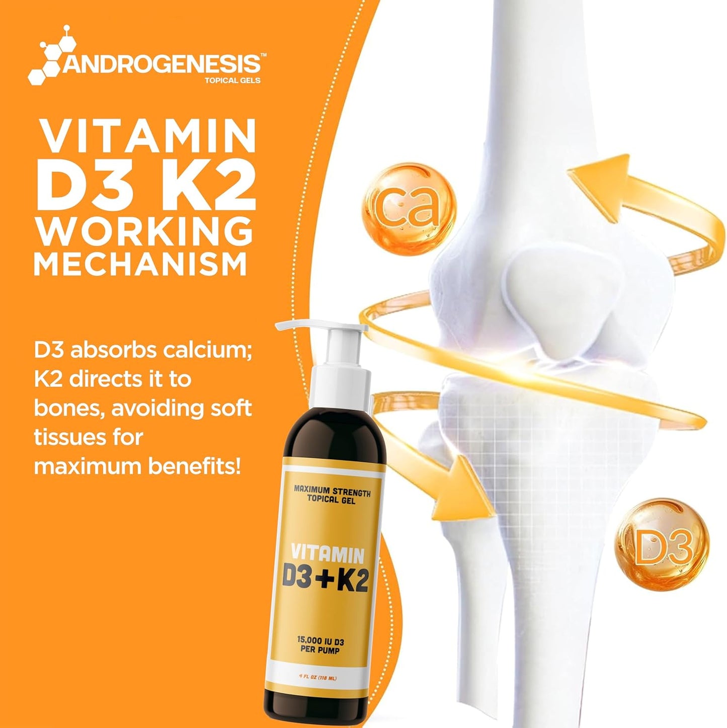 High Potency Vitamin D3 K2 Gel - 15000+ IU Per Pump - Bone & Joint Health, Immune Support - One Month Supply