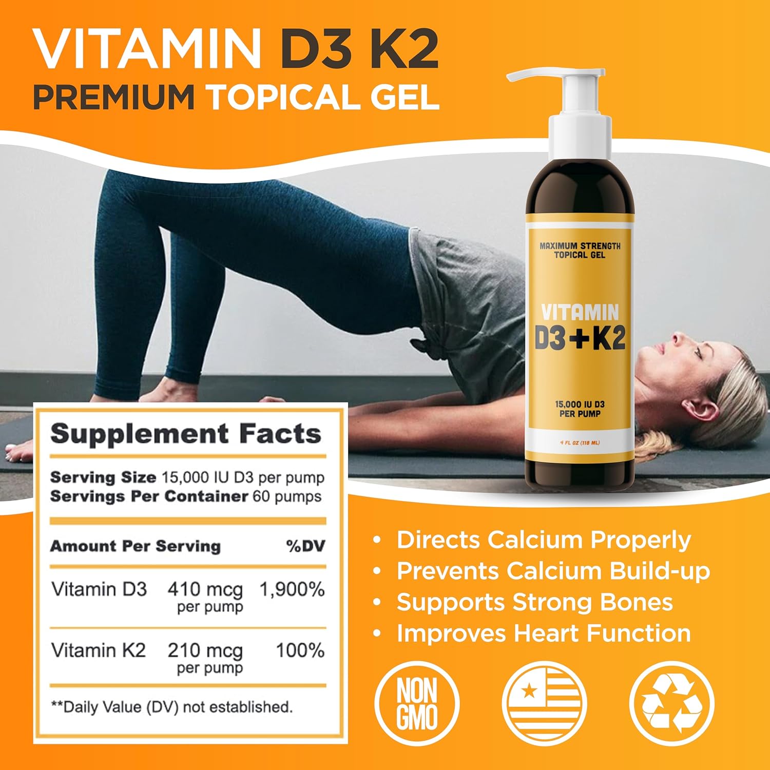 High Potency Vitamin D3 K2 Gel - 15000+ IU Per Pump - Bone & Joint Health, Immune Support - One Month Supply