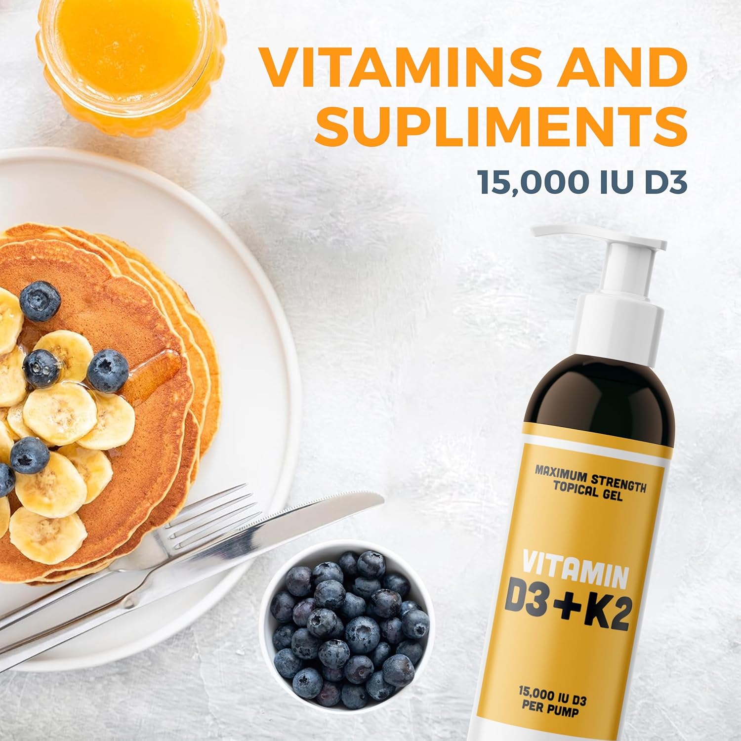High Potency Vitamin D3 K2 Gel - 15000+ IU Per Pump - Bone & Joint Health, Immune Support - One Month Supply