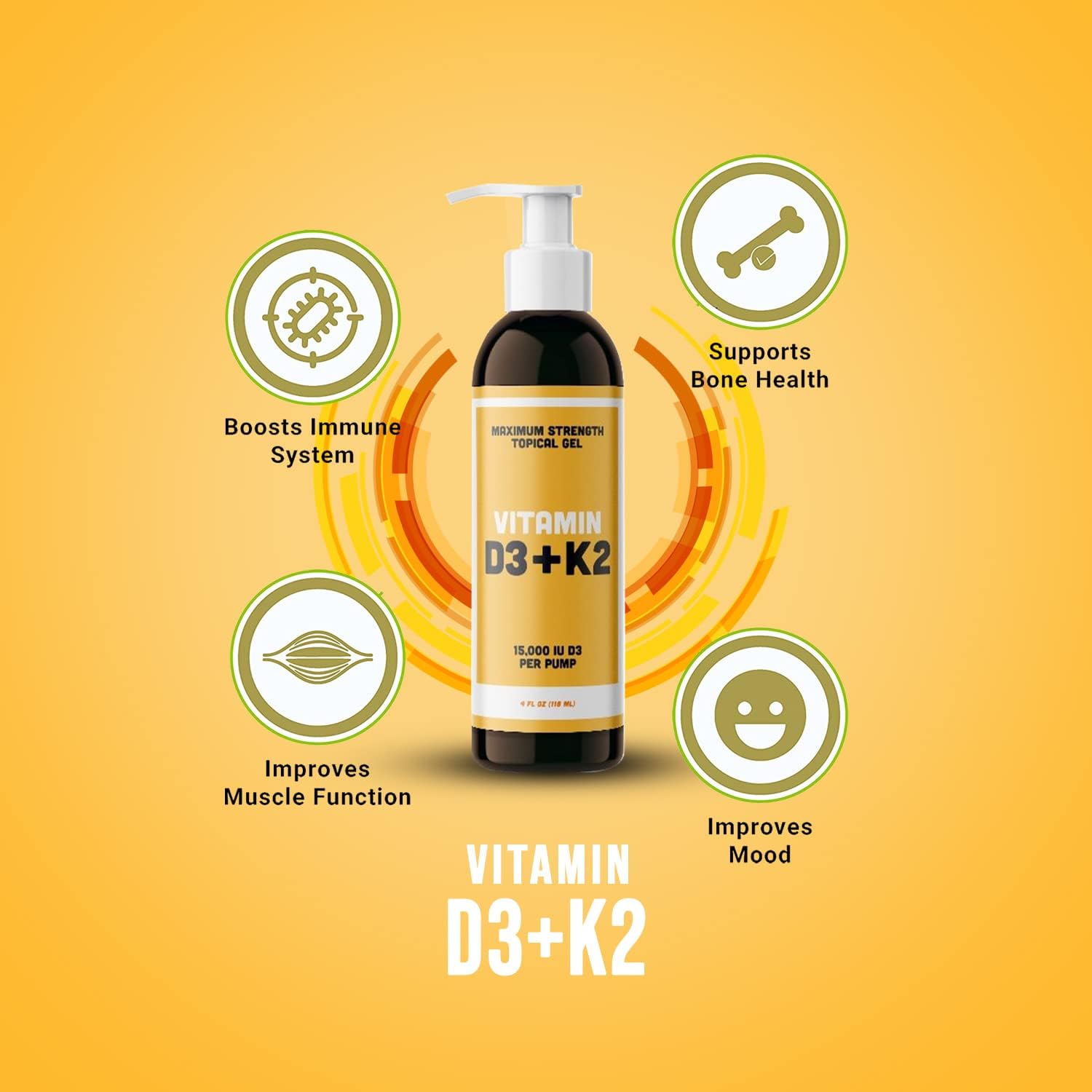 High Potency Vitamin D3 K2 Gel - 15000+ IU Per Pump - Bone & Joint Health, Immune Support - One Month Supply