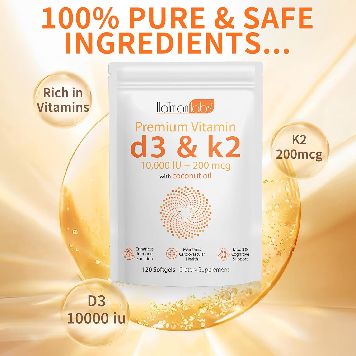 High Potency Vitamin D3 K2 Softgel Supplement - 10000 IU for Immune, Heart, Teeth & Bone Health - Non-GMO, Gluten-Free, Soy-Free