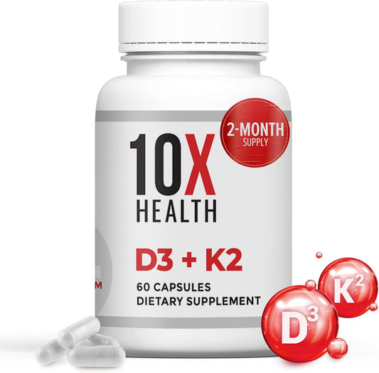 High-Potency Vitamin D3 K2 Supplement for Bone, Heart, and Teeth Support - 60 Capsules with 125 mcg Vitamin D and 90 mcg Vitamin K - 10X Health Formula