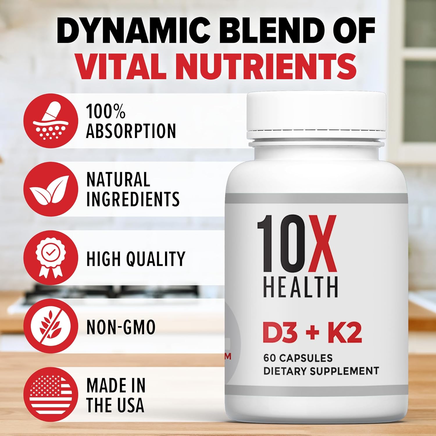 High-Potency Vitamin D3 K2 Supplement for Bone, Heart, and Teeth Support - 60 Capsules with 125 mcg Vitamin D and 90 mcg Vitamin K - 10X Health Formula