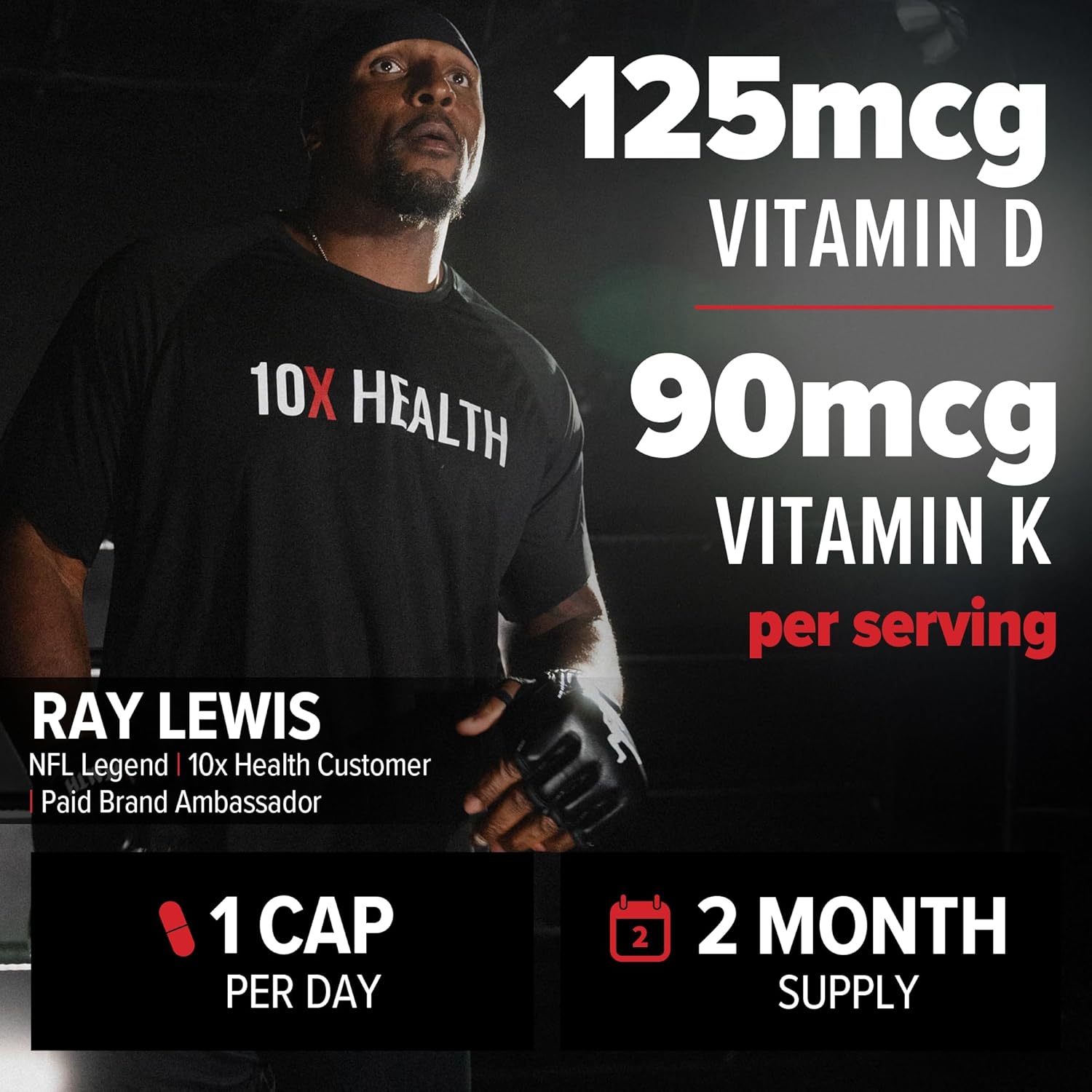 High-Potency Vitamin D3 K2 Supplement for Bone, Heart, and Teeth Support - 60 Capsules with 125 mcg Vitamin D and 90 mcg Vitamin K - 10X Health Formula