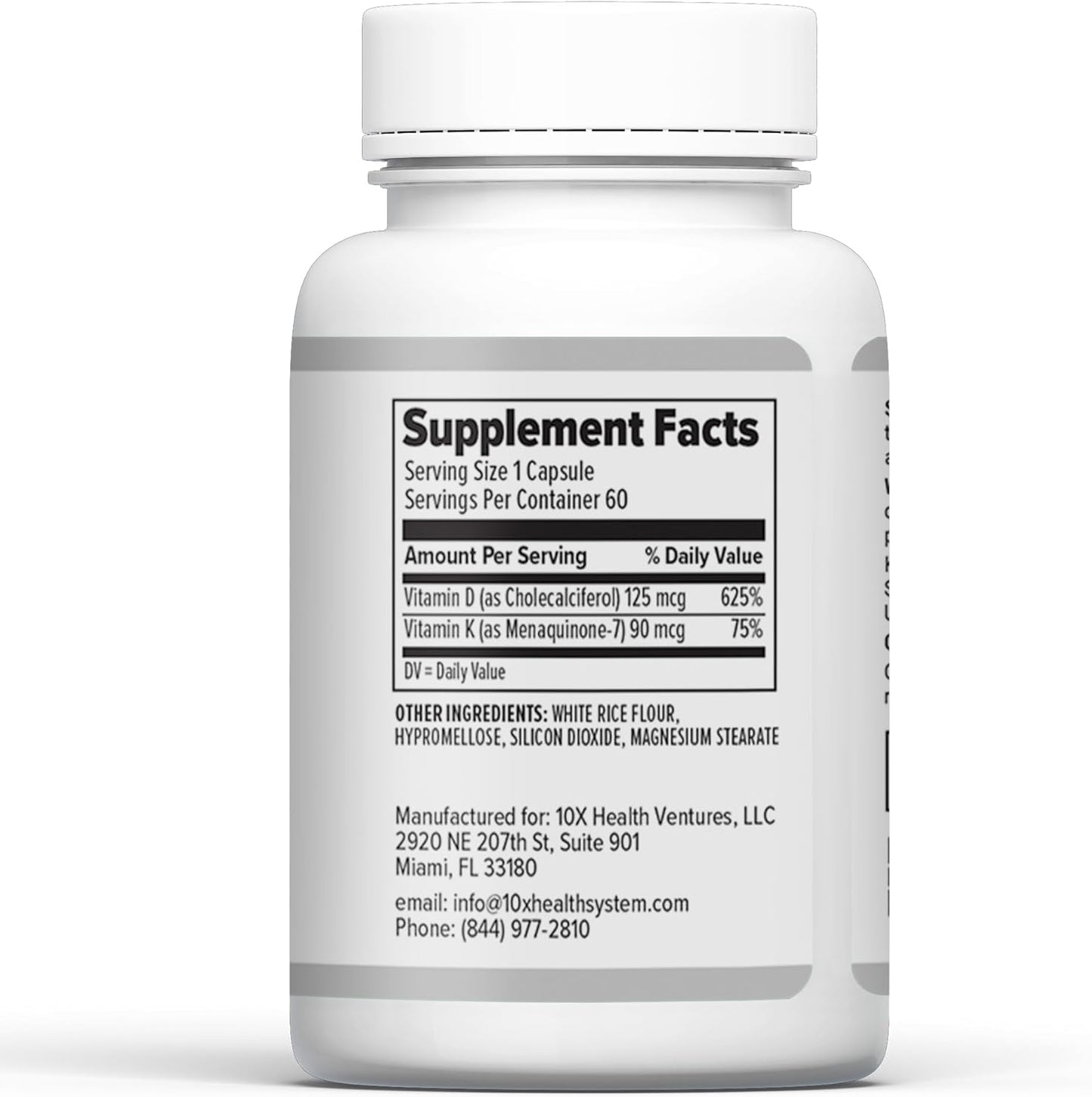 High-Potency Vitamin D3 K2 Supplement for Bone, Heart, and Teeth Support - 60 Capsules with 125 mcg Vitamin D and 90 mcg Vitamin K - 10X Health Formula