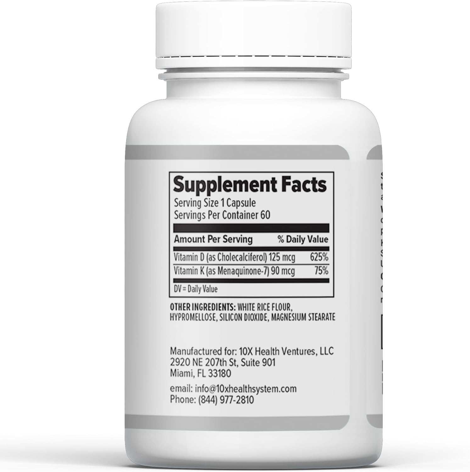 High-Potency Vitamin D3 K2 Supplement for Bone, Heart, and Teeth Support - 60 Capsules with 125 mcg Vitamin D and 90 mcg Vitamin K - 10X Health Formula