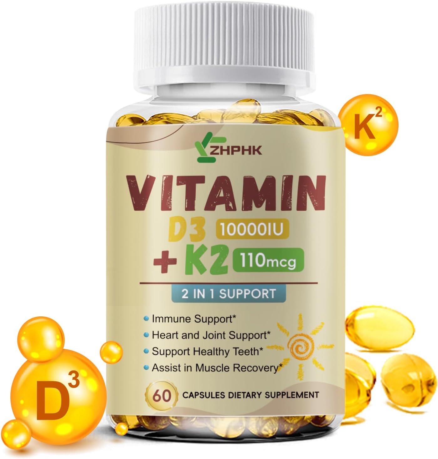 High Potency Vitamin D3 K2 Supplement for Immune, Bone & Heart Health - Non-GMO Formula with 10,000 IU - 60 Softgels