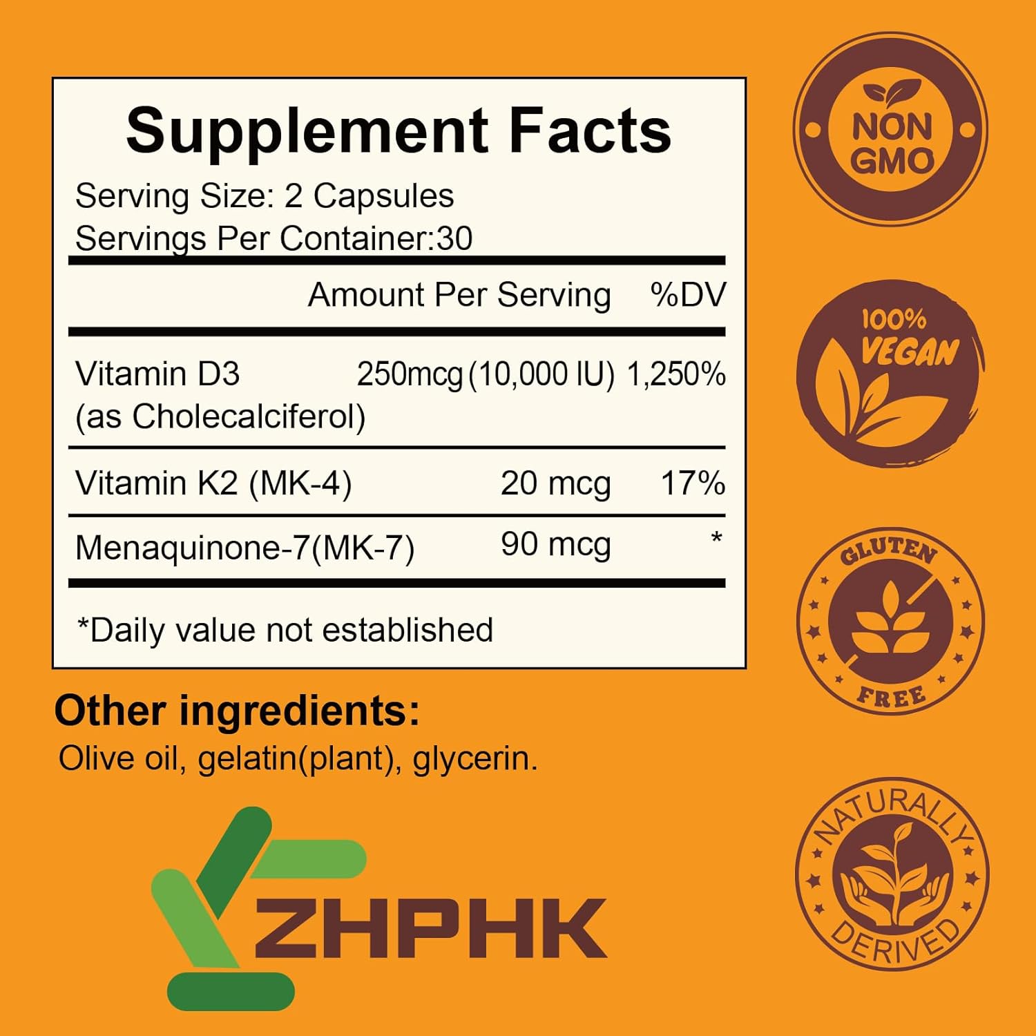 High Potency Vitamin D3 K2 Supplement for Immune, Bone & Heart Health - Non-GMO Formula with 10,000 IU - 60 Softgels