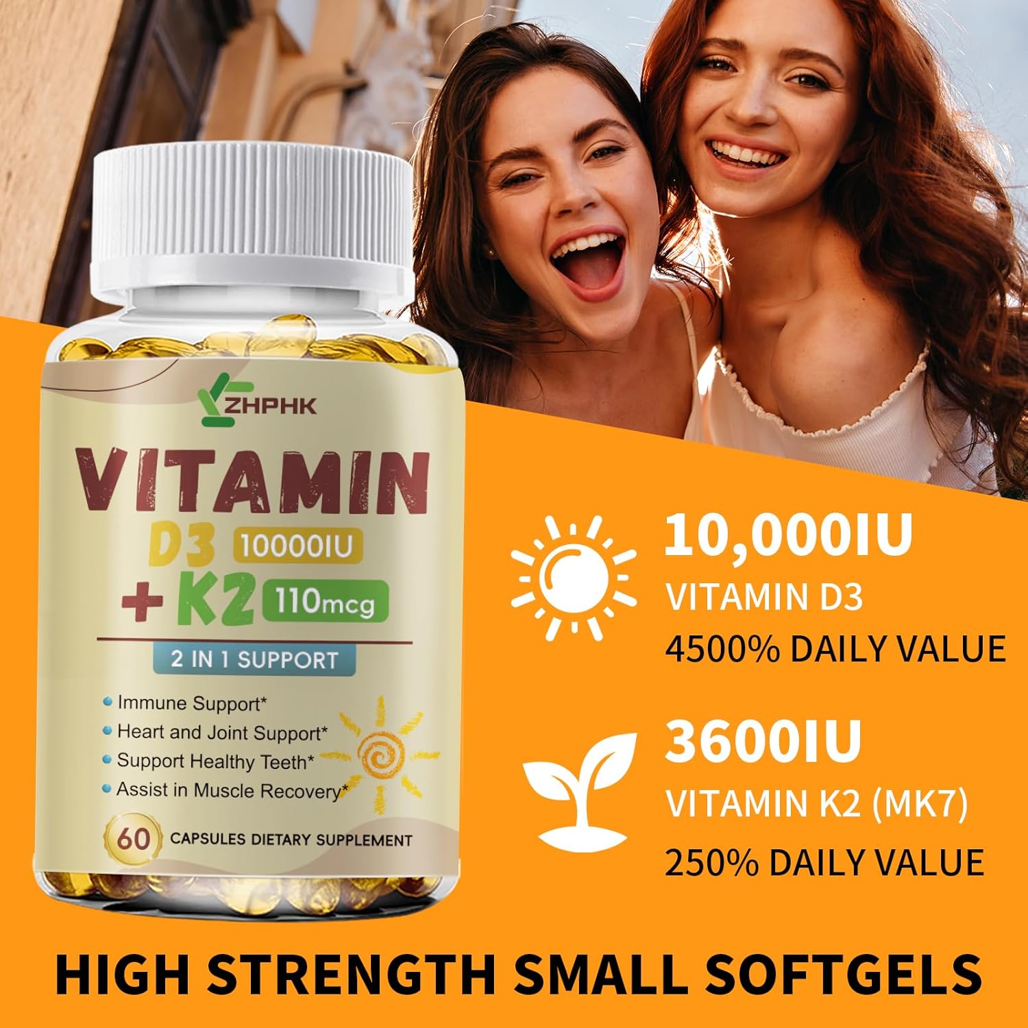 High Potency Vitamin D3 K2 Supplement for Immune, Bone & Heart Health - Non-GMO Formula with 10,000 IU - 60 Softgels