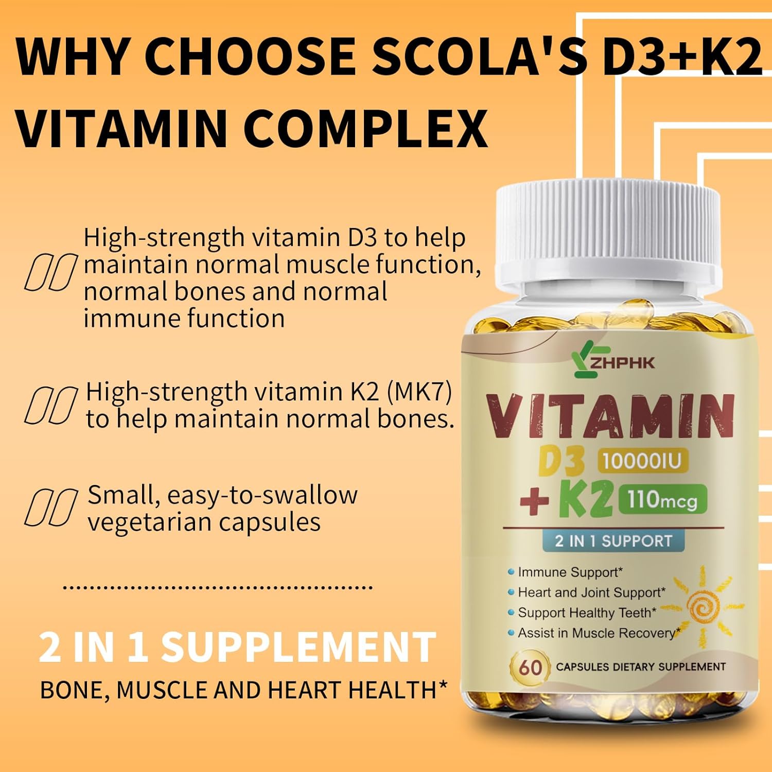 High Potency Vitamin D3 K2 Supplement for Immune, Bone & Heart Health - Non-GMO Formula with 10,000 IU - 60 Softgels