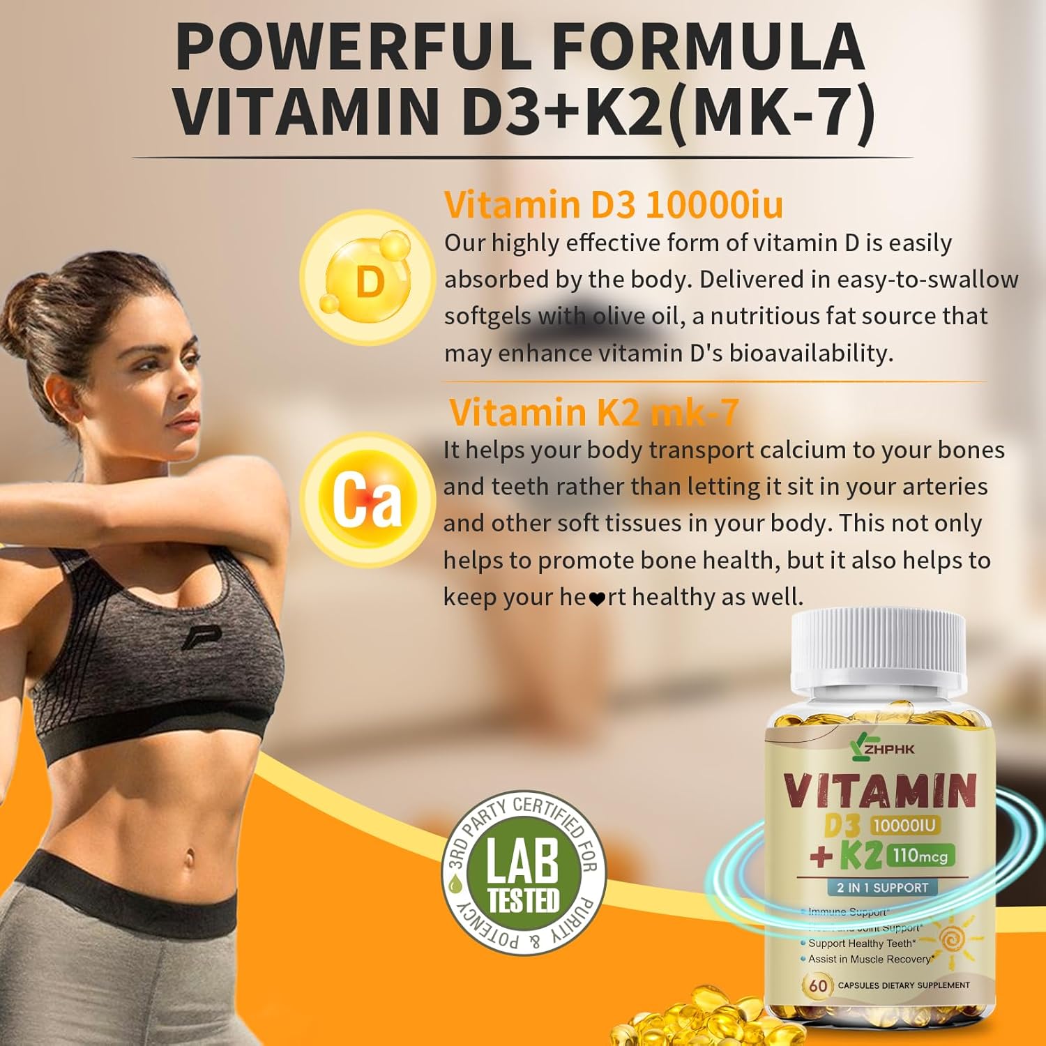 High Potency Vitamin D3 K2 Supplement for Immune, Bone & Heart Health - Non-GMO Formula with 10,000 IU - 60 Softgels