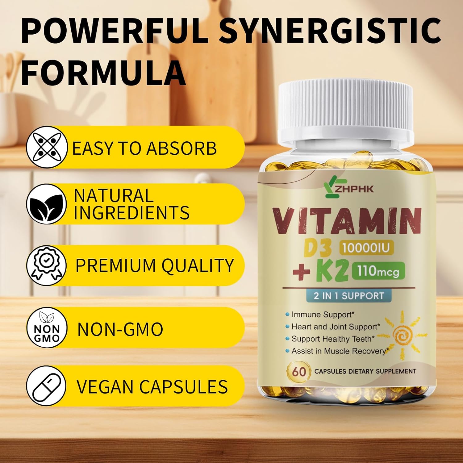 High Potency Vitamin D3 K2 Supplement for Immune, Bone & Heart Health - Non-GMO Formula with 10,000 IU - 60 Softgels