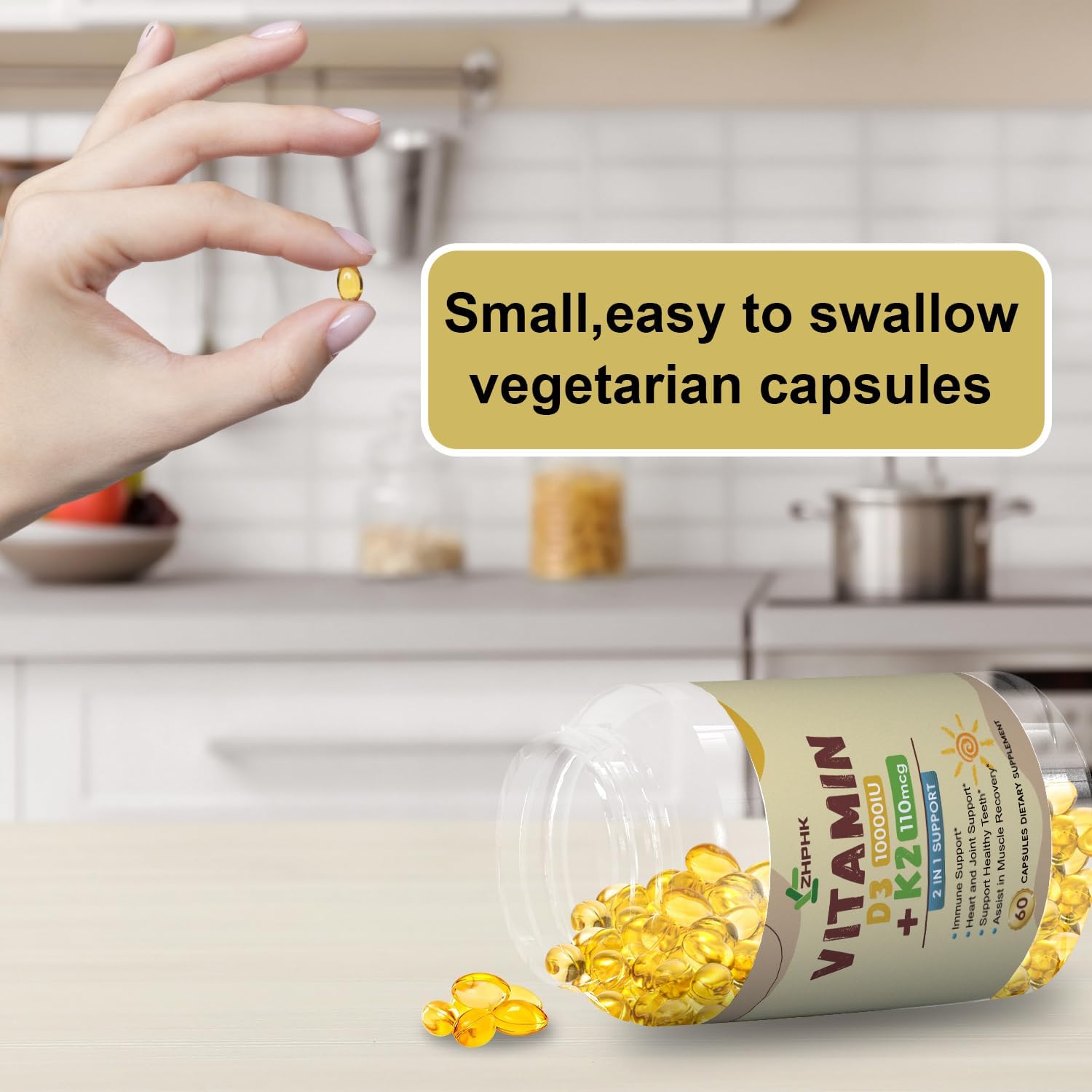 High Potency Vitamin D3 K2 Supplement for Immune, Bone & Heart Health - Non-GMO Formula with 10,000 IU - 60 Softgels