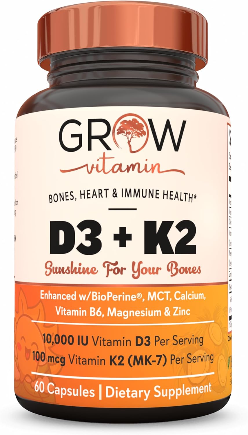 High Potency Vitamin D3 K2 Supplement with MCT Oil for Enhanced Absorption - 10,000 IU D3, 100 mcg K2 MK7, Calcium, Zinc, BioPerine, Magnesium - 60 Capsules