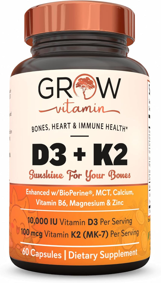 High Potency Vitamin D3 K2 Supplement with MCT Oil for Enhanced Absorption - 10,000 IU D3, 100 mcg K2 MK7, Calcium, Zinc, BioPerine, Magnesium - 60 Capsules