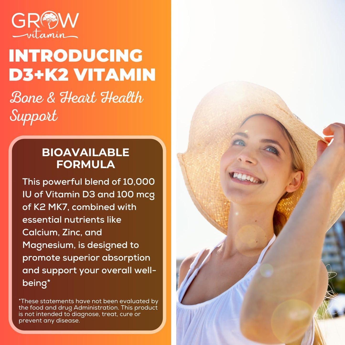 High Potency Vitamin D3 K2 Supplement with MCT Oil for Enhanced Absorption - 10,000 IU D3, 100 mcg K2 MK7, Calcium, Zinc, BioPerine, Magnesium - 60 Capsules