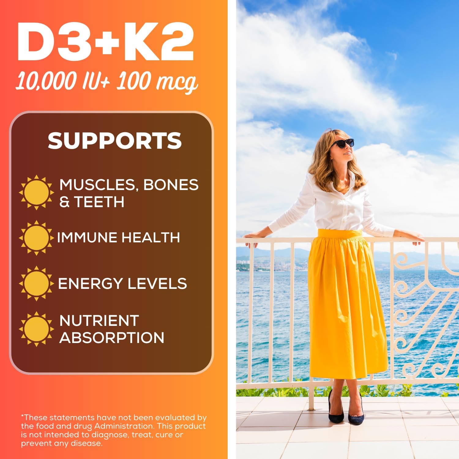 High Potency Vitamin D3 K2 Supplement with MCT Oil for Enhanced Absorption - 10,000 IU D3, 100 mcg K2 MK7, Calcium, Zinc, BioPerine, Magnesium - 60 Capsules