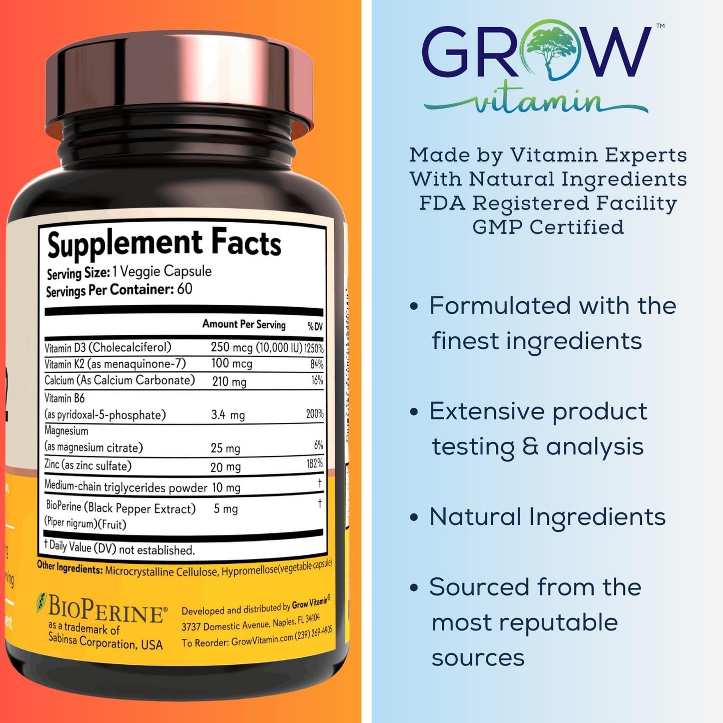 High Potency Vitamin D3 K2 Supplement with MCT Oil for Enhanced Absorption - 10,000 IU D3, 100 mcg K2 MK7, Calcium, Zinc, BioPerine, Magnesium - 60 Capsules