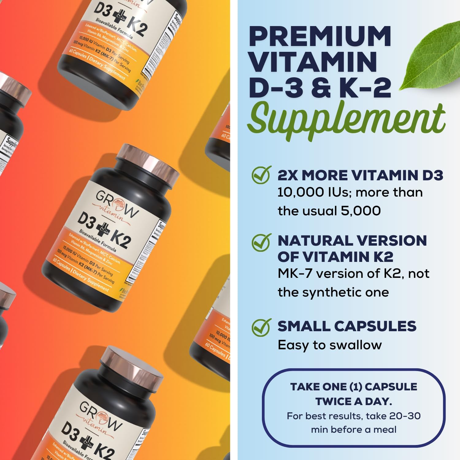 High Potency Vitamin D3 K2 Supplement with MCT Oil for Enhanced Absorption - 10,000 IU D3, 100 mcg K2 MK7, Calcium, Zinc, BioPerine, Magnesium - 60 Capsules