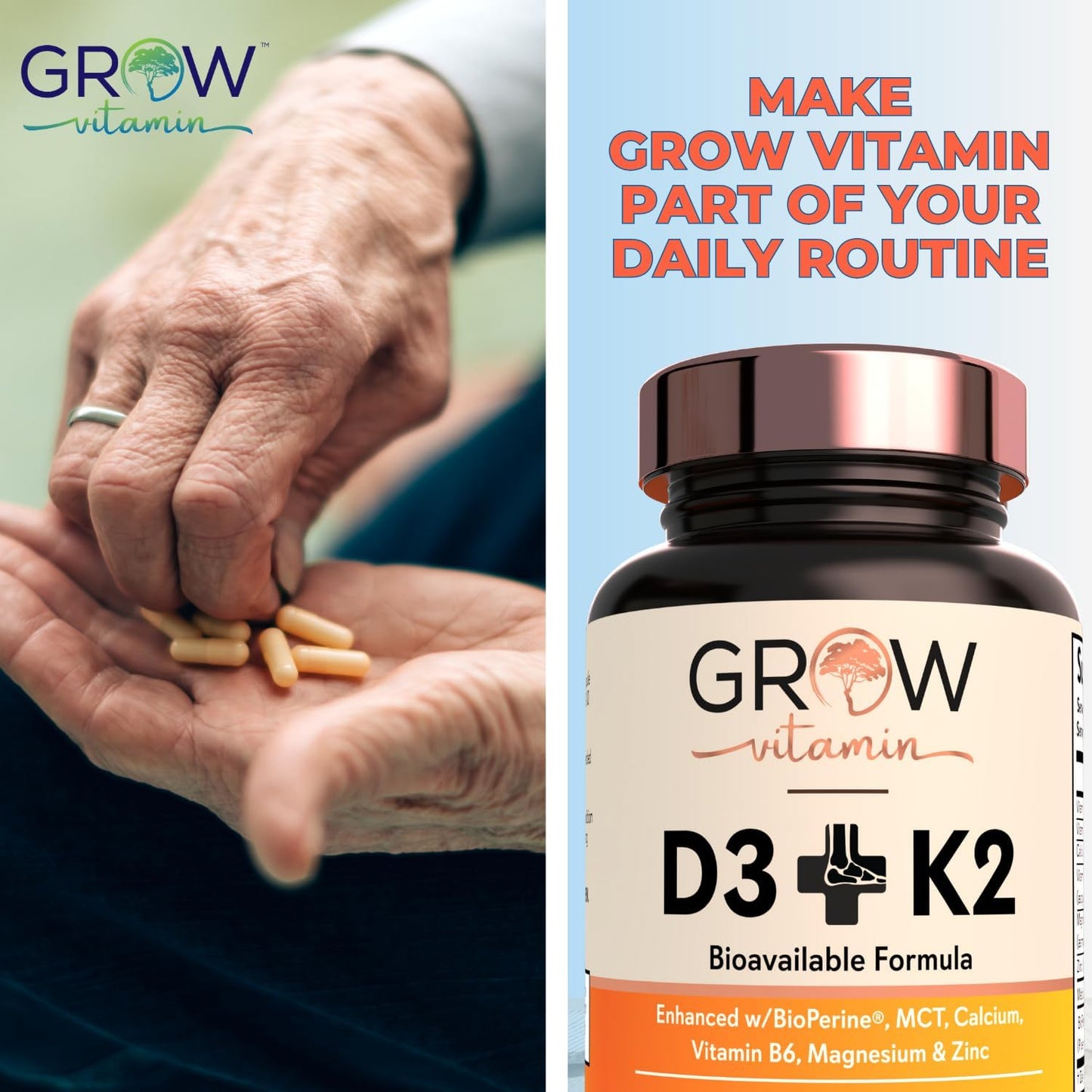 High Potency Vitamin D3 K2 Supplement with MCT Oil for Enhanced Absorption - 10,000 IU D3, 100 mcg K2 MK7, Calcium, Zinc, BioPerine, Magnesium - 60 Capsules