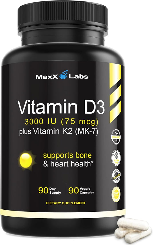 High Potency Vitamin D3 K2 Supplement with MK-7 from Natto - Supports Bone, Teeth, Heart & Immune Health - Gluten-Free - 90 Capsules
