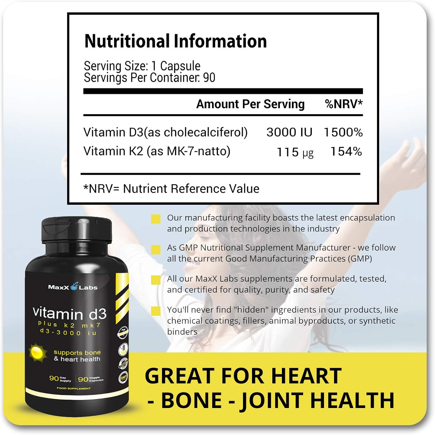 High Potency Vitamin D3 K2 Supplement with MK-7 from Natto - Supports Bone, Teeth, Heart & Immune Health - Gluten-Free - 90 Capsules