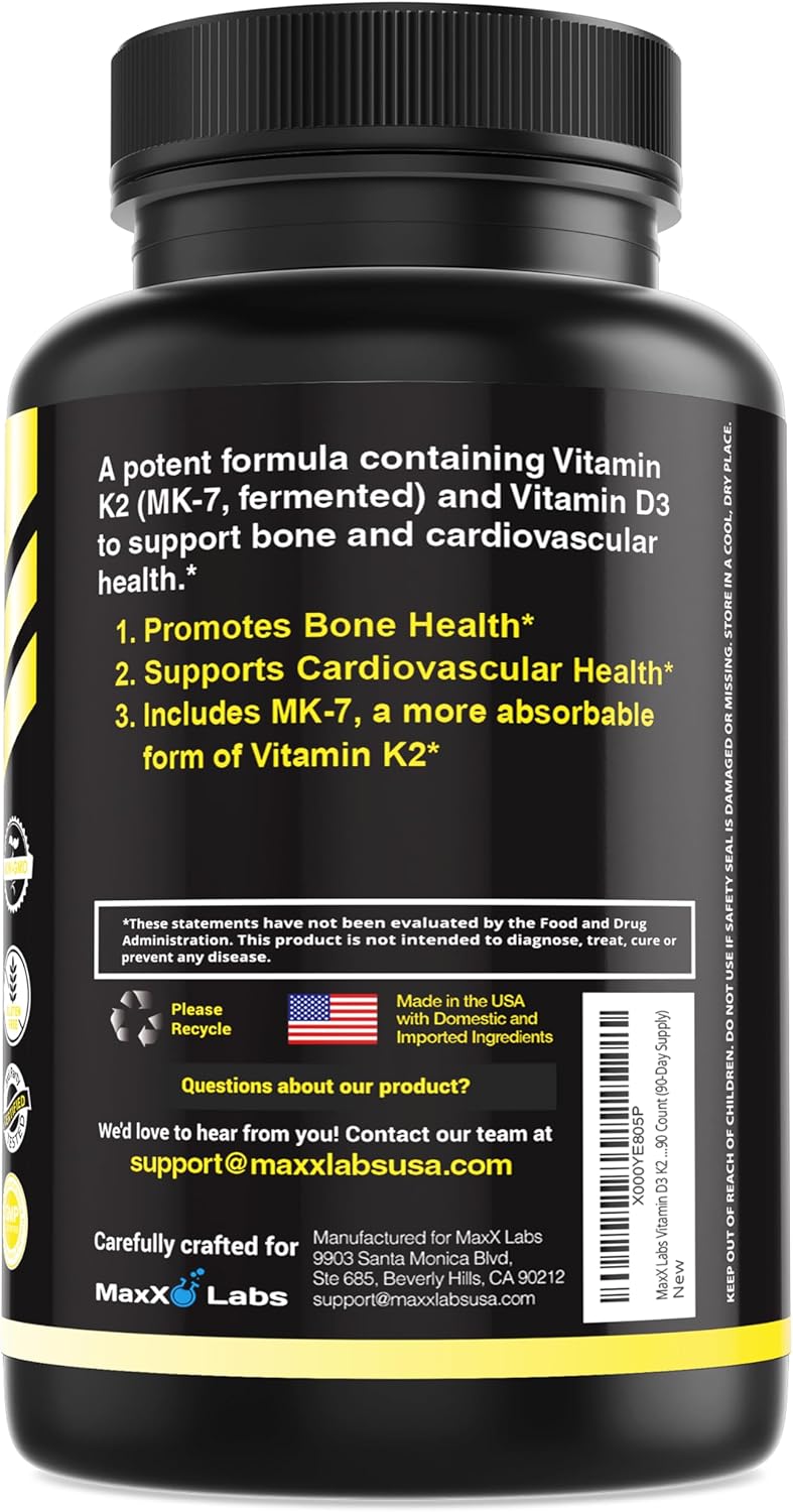 High Potency Vitamin D3 K2 Supplement with MK-7 from Natto - Supports Bone, Teeth, Heart & Immune Health - Gluten-Free - 90 Capsules