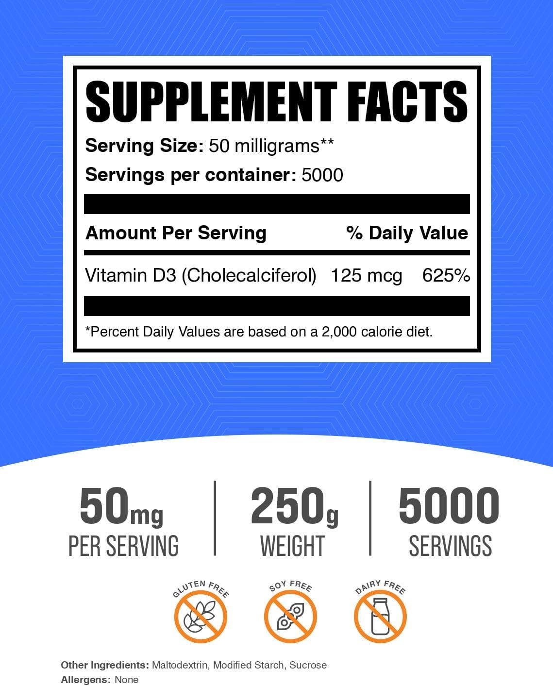 High Potency Vitamin D3 Powder Supplement - 5000 IU per Serving, Gluten-Free - 250g (8.8 oz) Pack of 1 - BulkSupplements.com