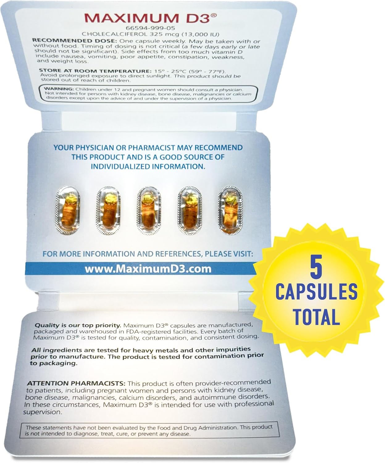 High Potency Vitamin D3 Supplement - 13,000 IU, 5 Capsules, 5-Week Supply - Packaging Variance