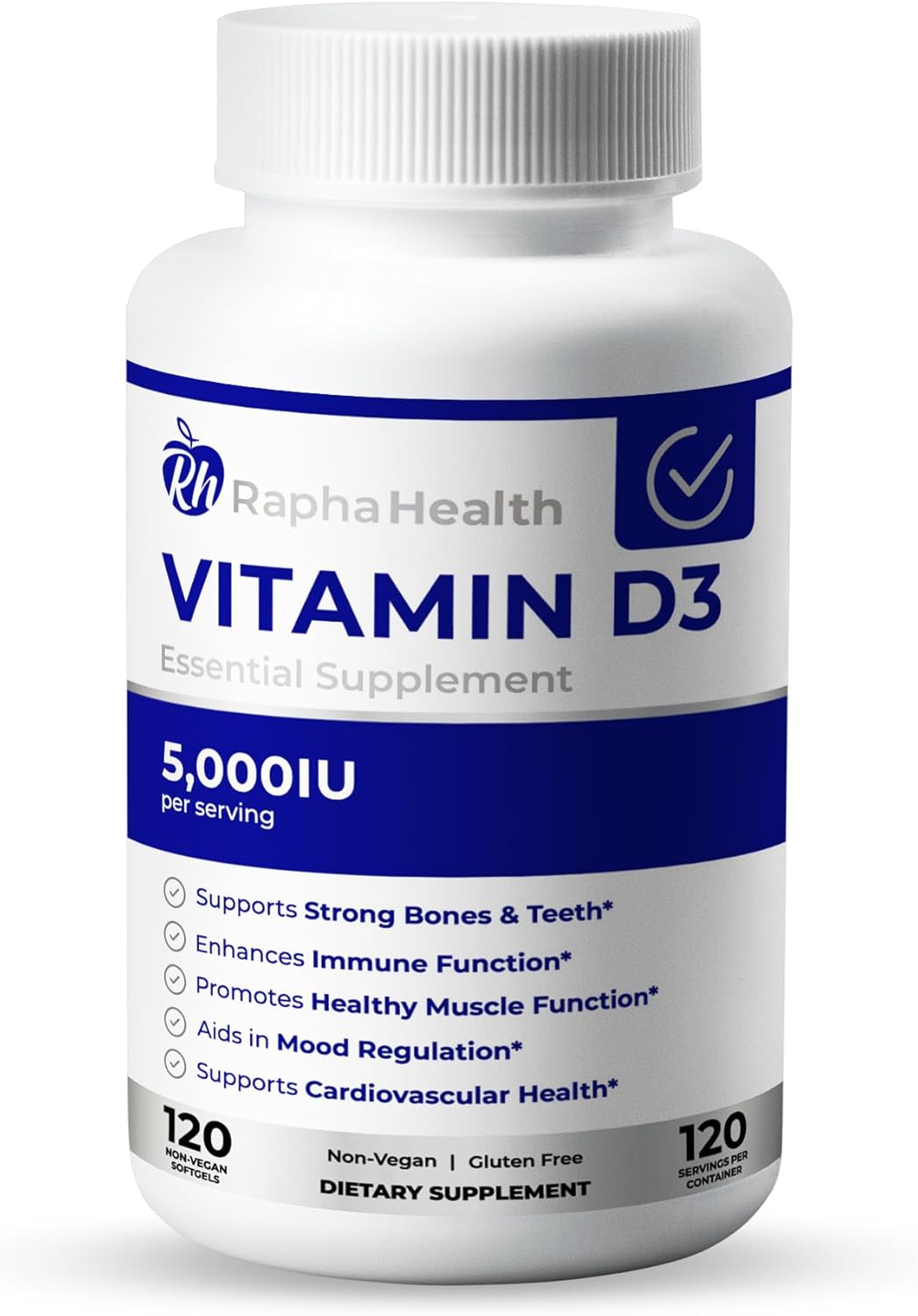 High Potency Vitamin D3 Supplement - 5000 IU for Immune, Bone, Cardiovascular Support | Mood & Muscle Boost | 120 Softgels
