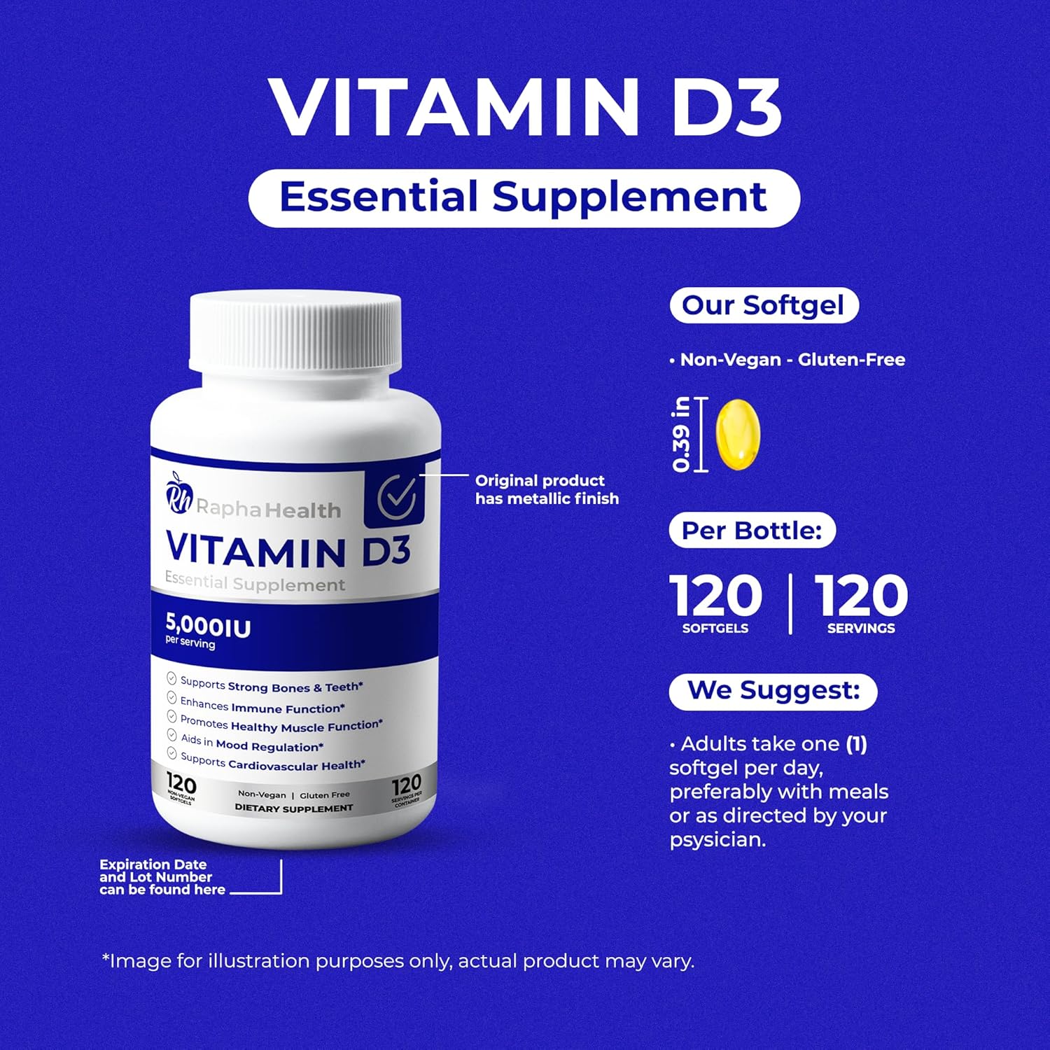 High Potency Vitamin D3 Supplement - 5000 IU for Immune, Bone, Cardiovascular Support | Mood & Muscle Boost | 120 Softgels