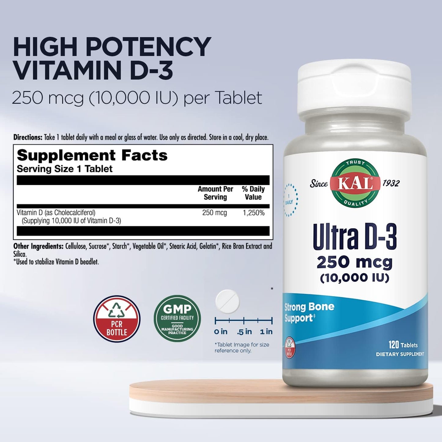 High Potency Vitamin D3 Tablets for Bone Health & Immune Support - 10000 IU, 250 mcg, 120 Tablets
