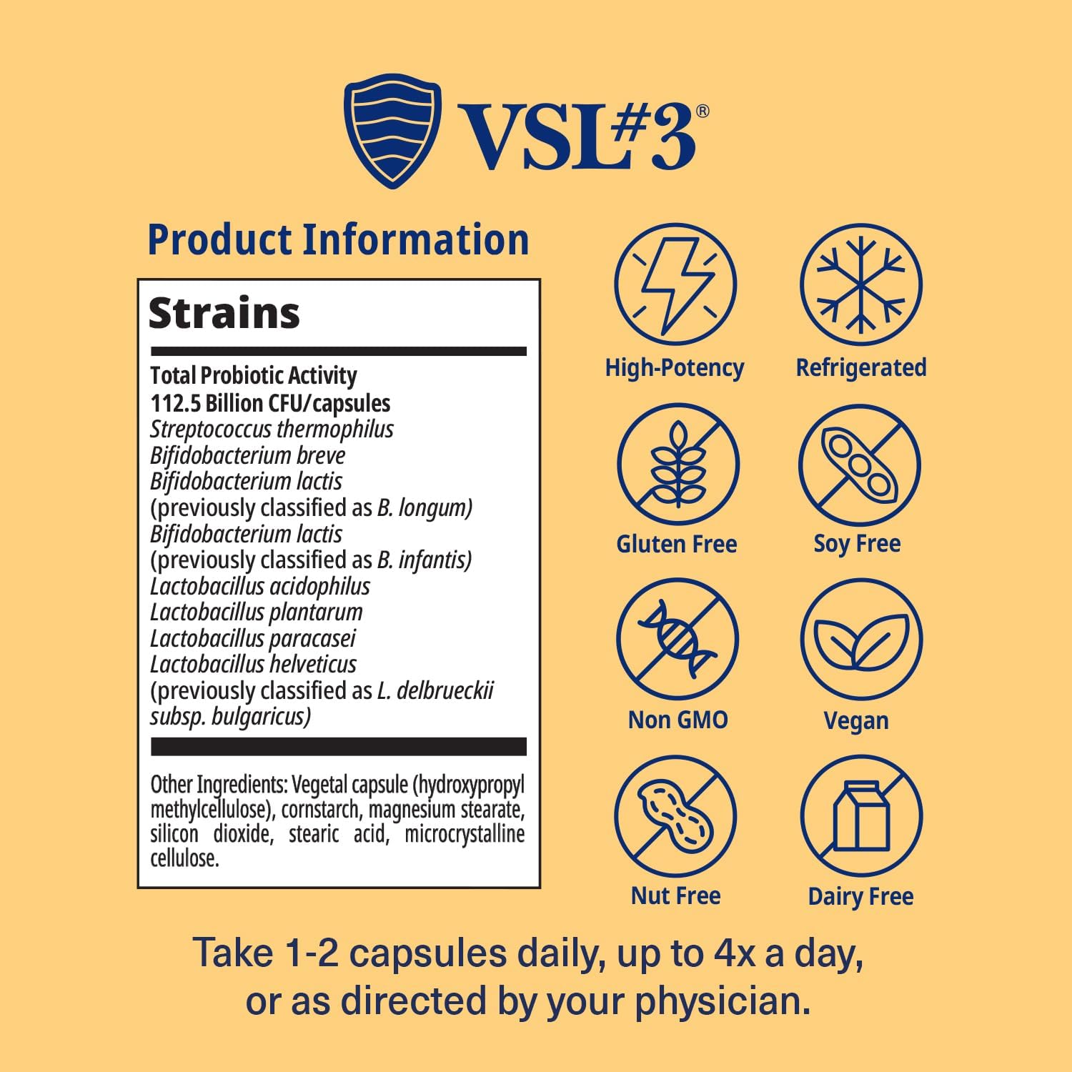 High Potency VSL#3 Probiotic Capsules for Digestive Health - 112.5 Billion CFUs, Multi-Strain Probiotics for Gut Support, Refrigerated, 120 Pack - Women & Men