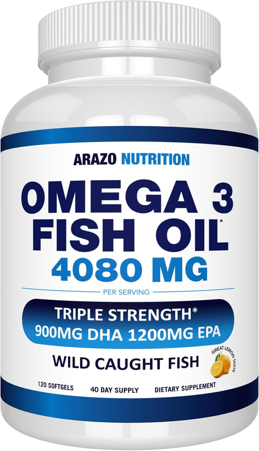 High Potency Wild Caught Omega 3 Fish Oil Softgels with Lemon Flavor - 120 Softgels, 4080mg - EPA 1200mg, DHA 900mg - Burpless