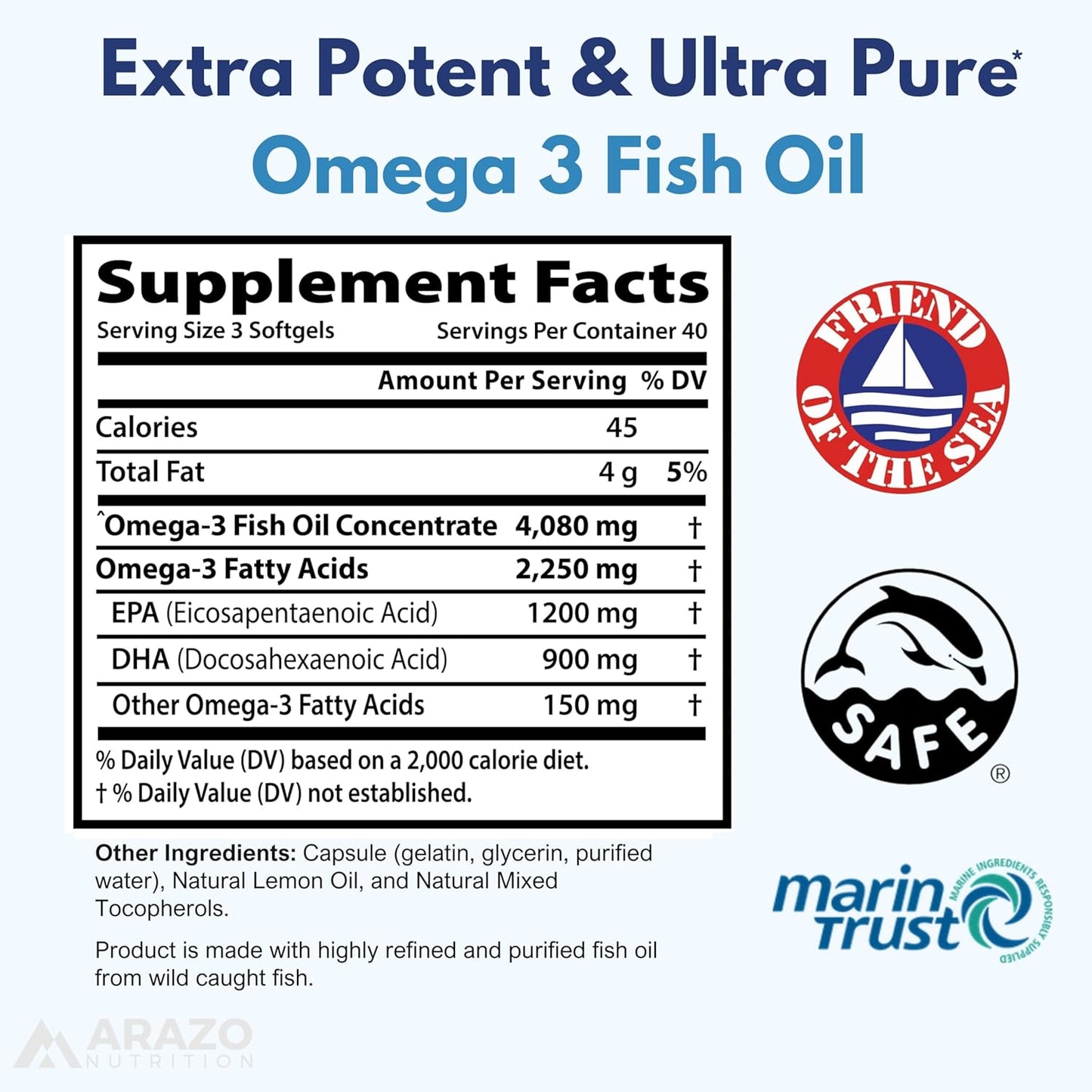 High Potency Wild Caught Omega 3 Fish Oil Softgels with Lemon Flavor - 120 Softgels, 4080mg - EPA 1200mg, DHA 900mg - Burpless