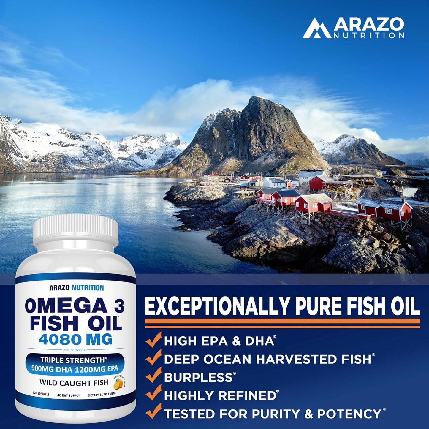 High Potency Wild Caught Omega 3 Fish Oil Softgels with Lemon Flavor - 120 Softgels, 4080mg - EPA 1200mg, DHA 900mg - Burpless