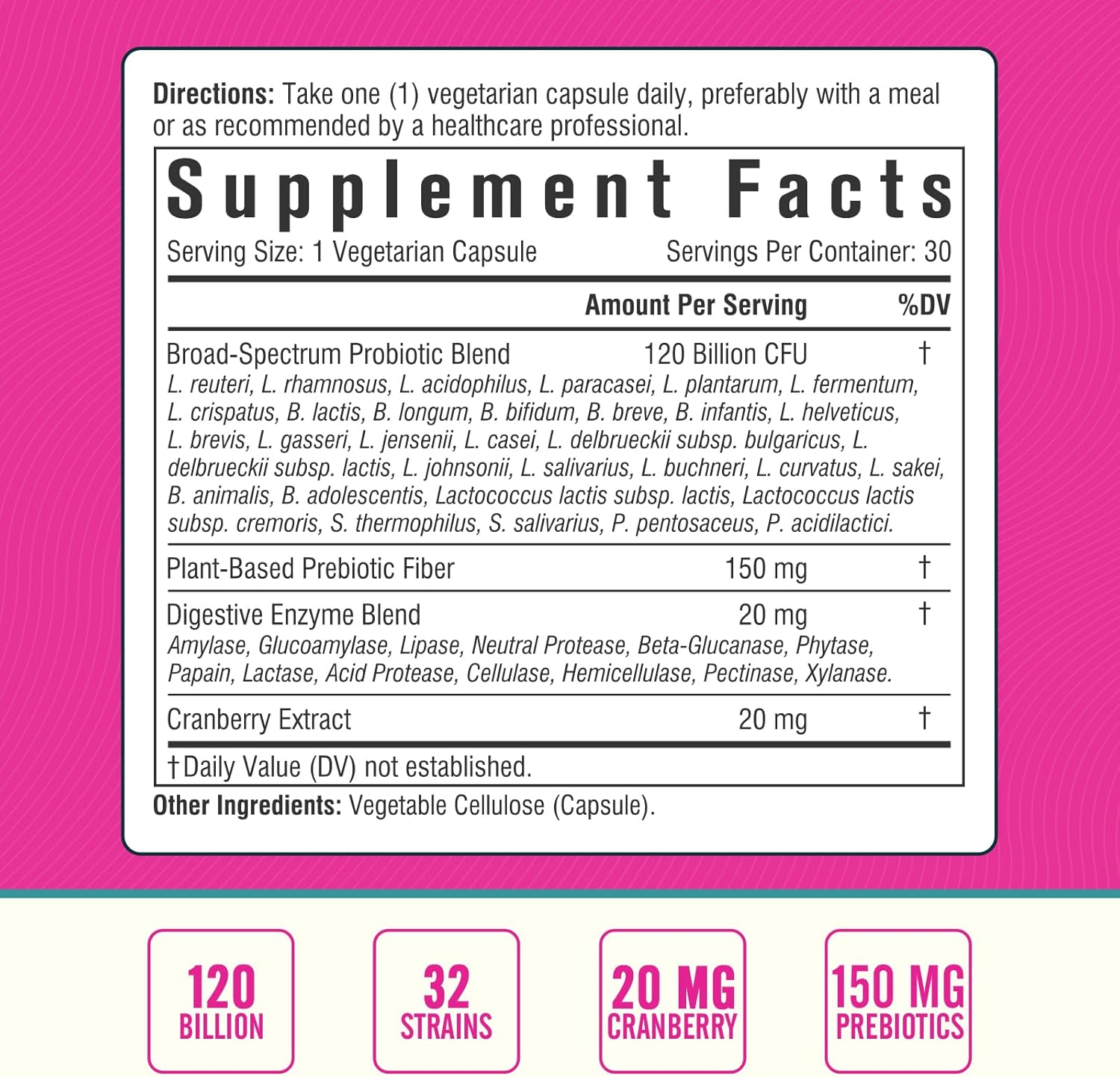 High Potency Women's Probiotic with Cranberry, Prebiotics, and Digestive Enzymes - 30 Delayed Release Capsules