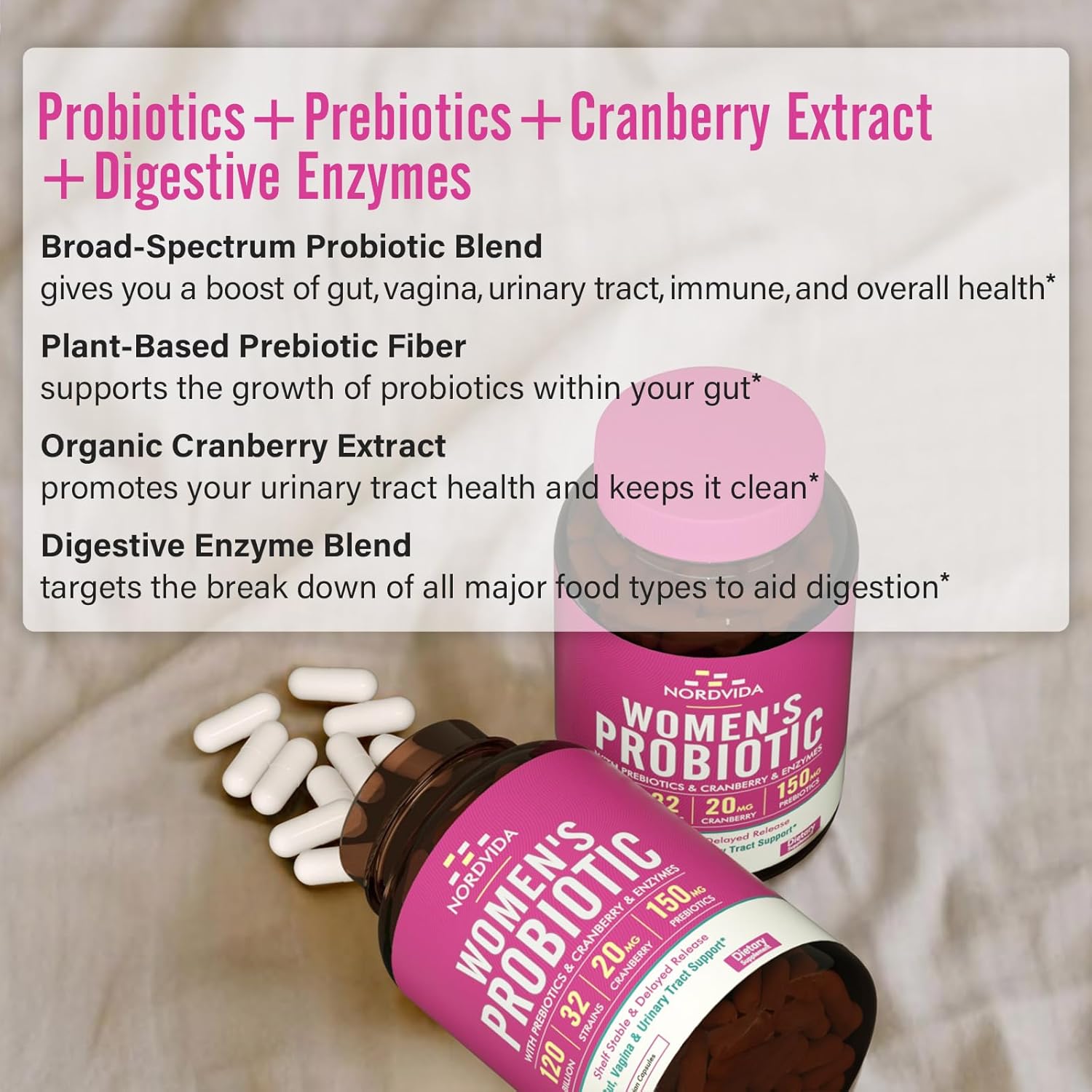 High Potency Women's Probiotic with Cranberry, Prebiotics, and Digestive Enzymes - 30 Delayed Release Capsules