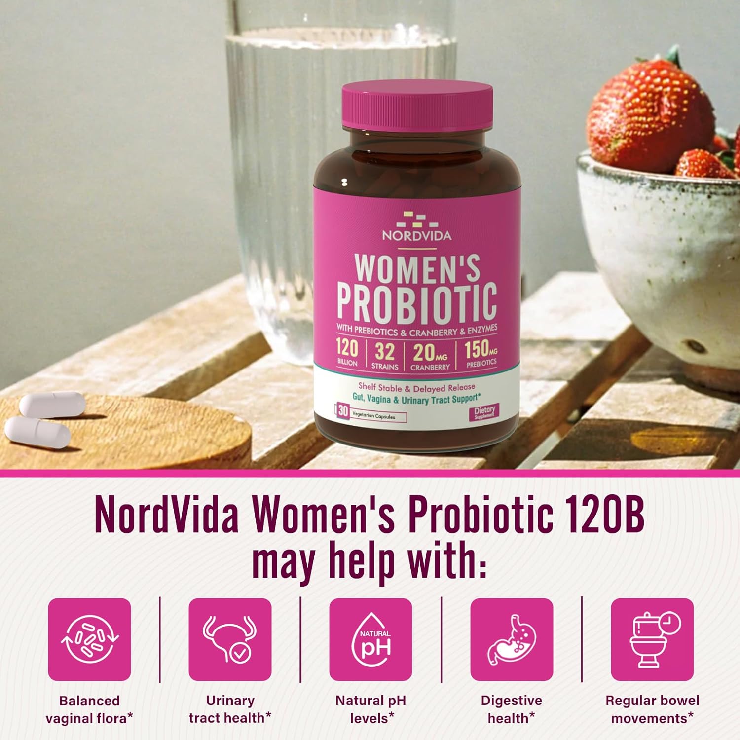 High Potency Women's Probiotic with Cranberry, Prebiotics, and Digestive Enzymes - 30 Delayed Release Capsules