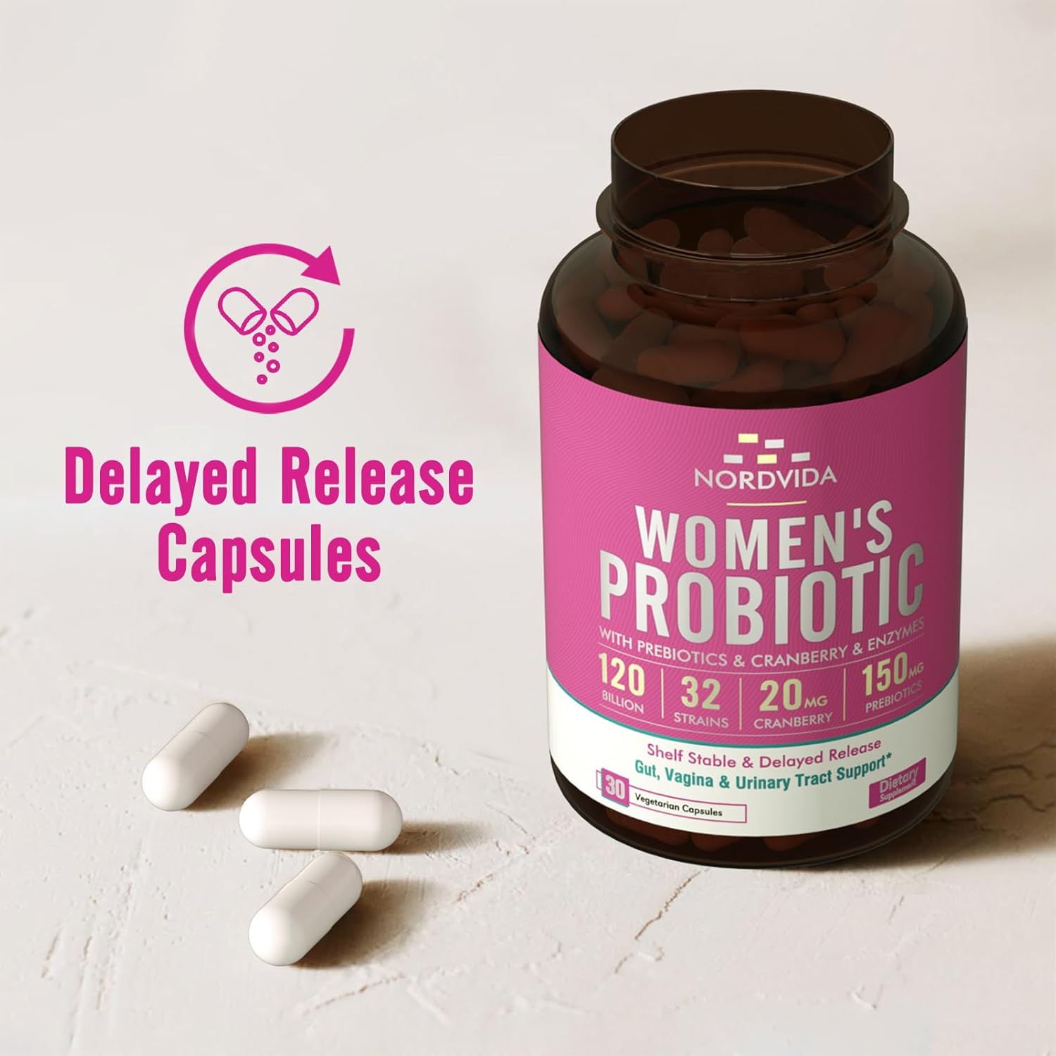 High Potency Women's Probiotic with Cranberry, Prebiotics, and Digestive Enzymes - 30 Delayed Release Capsules