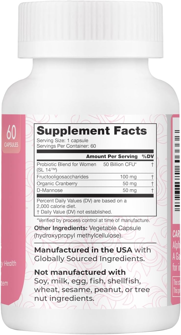 High Potency Women's Probiotic with Prebiotics & Cranberry - 60 Veg Caps, 50 Billion CFUs, 14 Strains - Digestive & Urinary Health - Daily Support