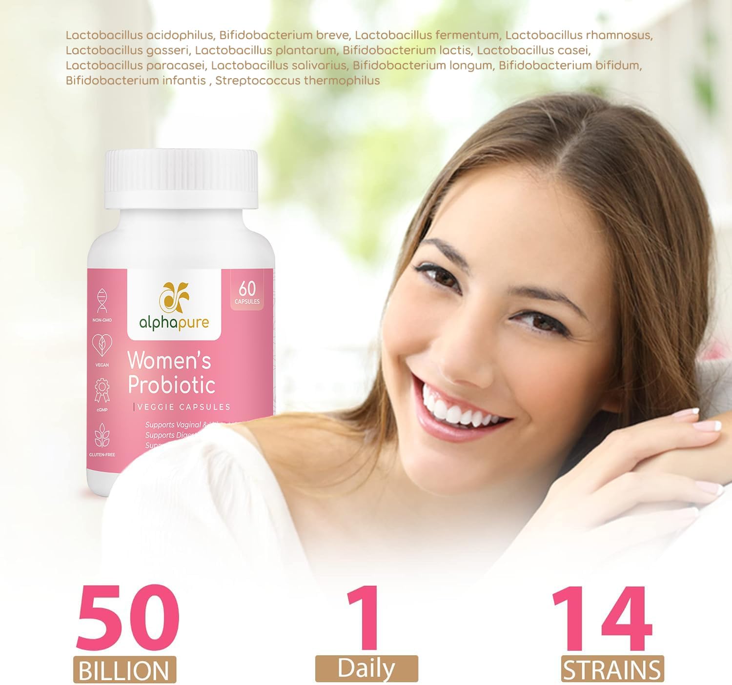 High Potency Women's Probiotic with Prebiotics & Cranberry - 60 Veg Caps, 50 Billion CFUs, 14 Strains - Digestive & Urinary Health - Daily Support