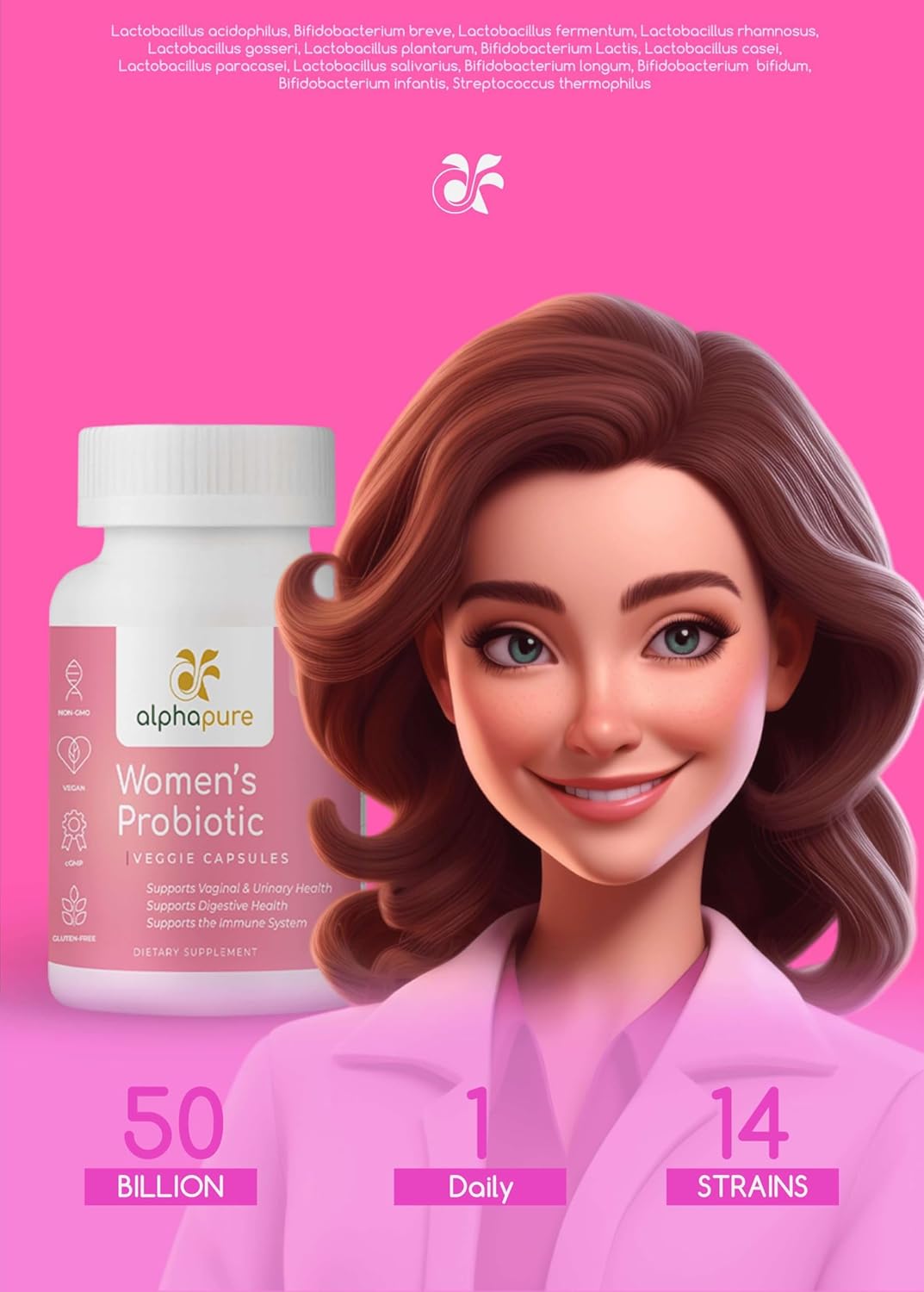 High Potency Women's Probiotic with Prebiotics & Cranberry - 60 Veg Caps, 50 Billion CFUs, 14 Strains - Digestive & Urinary Health - Daily Support