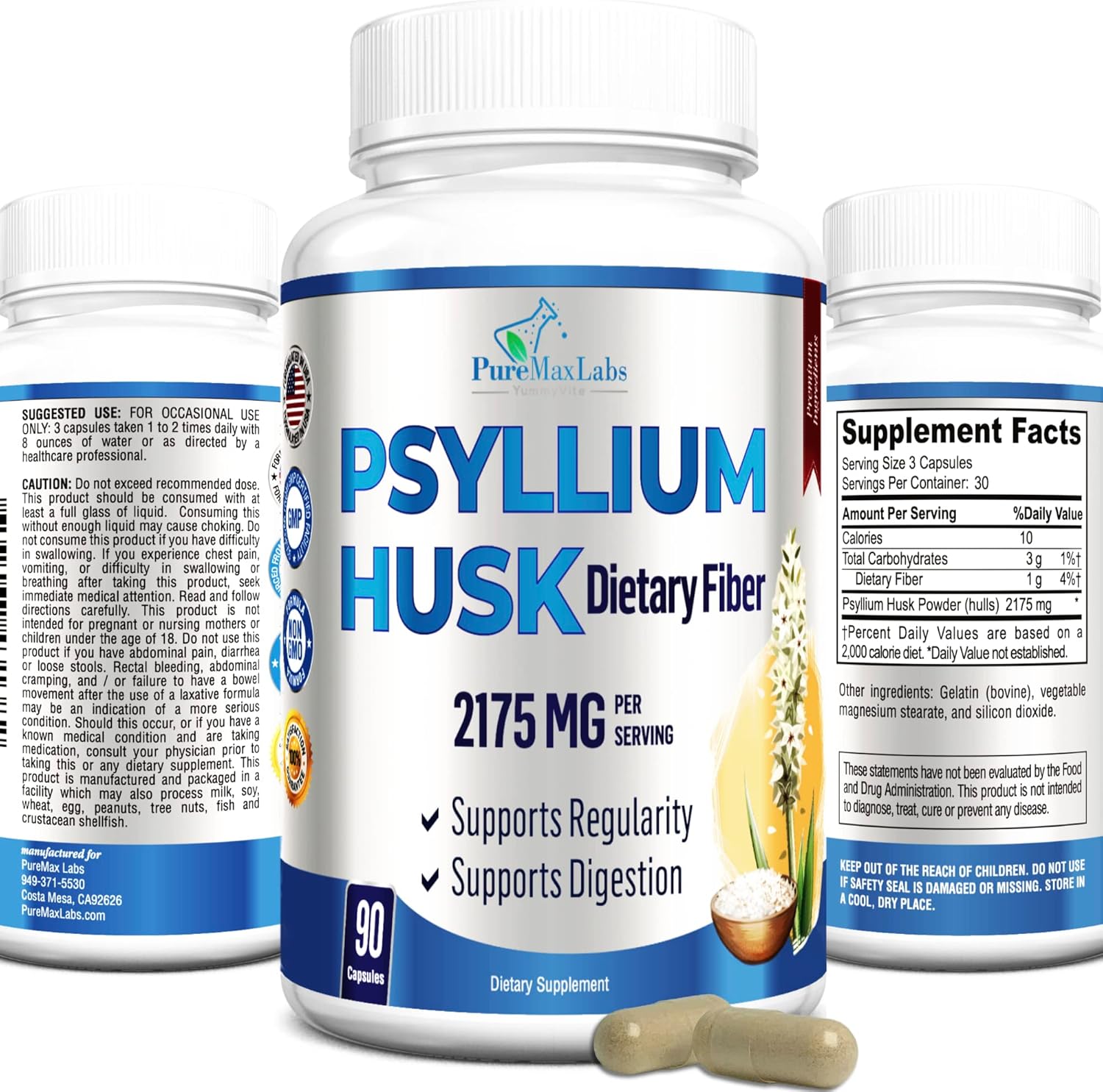 High-Potency YUMMYVITE Psyllium Husk Dietary Fiber Supplement - 90 Capsules, Non-GMO Formula