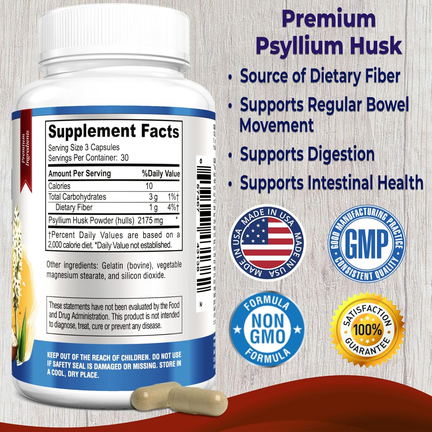 High-Potency YUMMYVITE Psyllium Husk Dietary Fiber Supplement - 90 Capsules, Non-GMO Formula