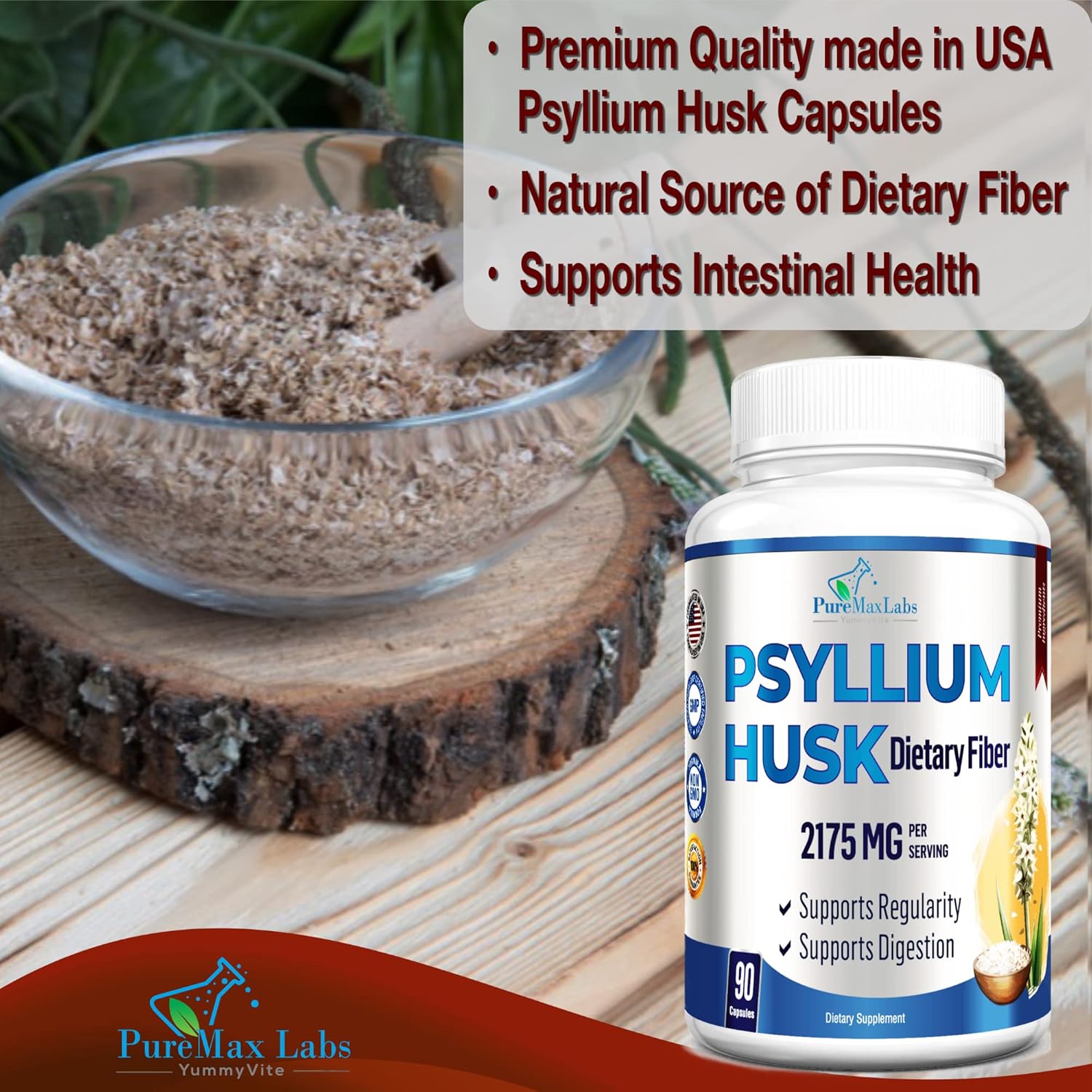 High-Potency YUMMYVITE Psyllium Husk Dietary Fiber Supplement - 90 Capsules, Non-GMO Formula